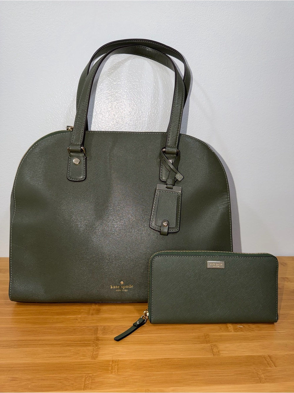 Kate Spade Reiley Large Domed Satchel + Matching Wallet Deep Olive Green
